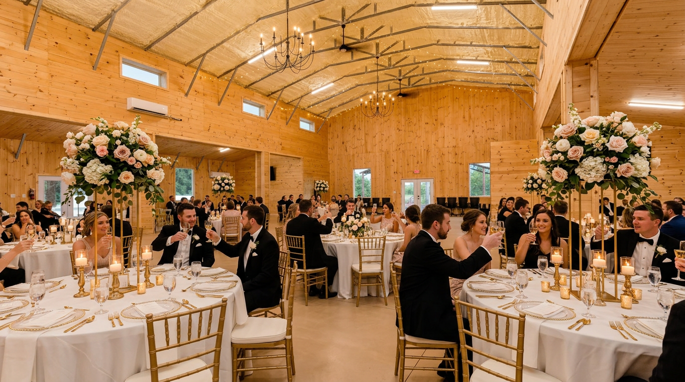 Wedding dinner underway in the event hall with florals, candles and guests toasting