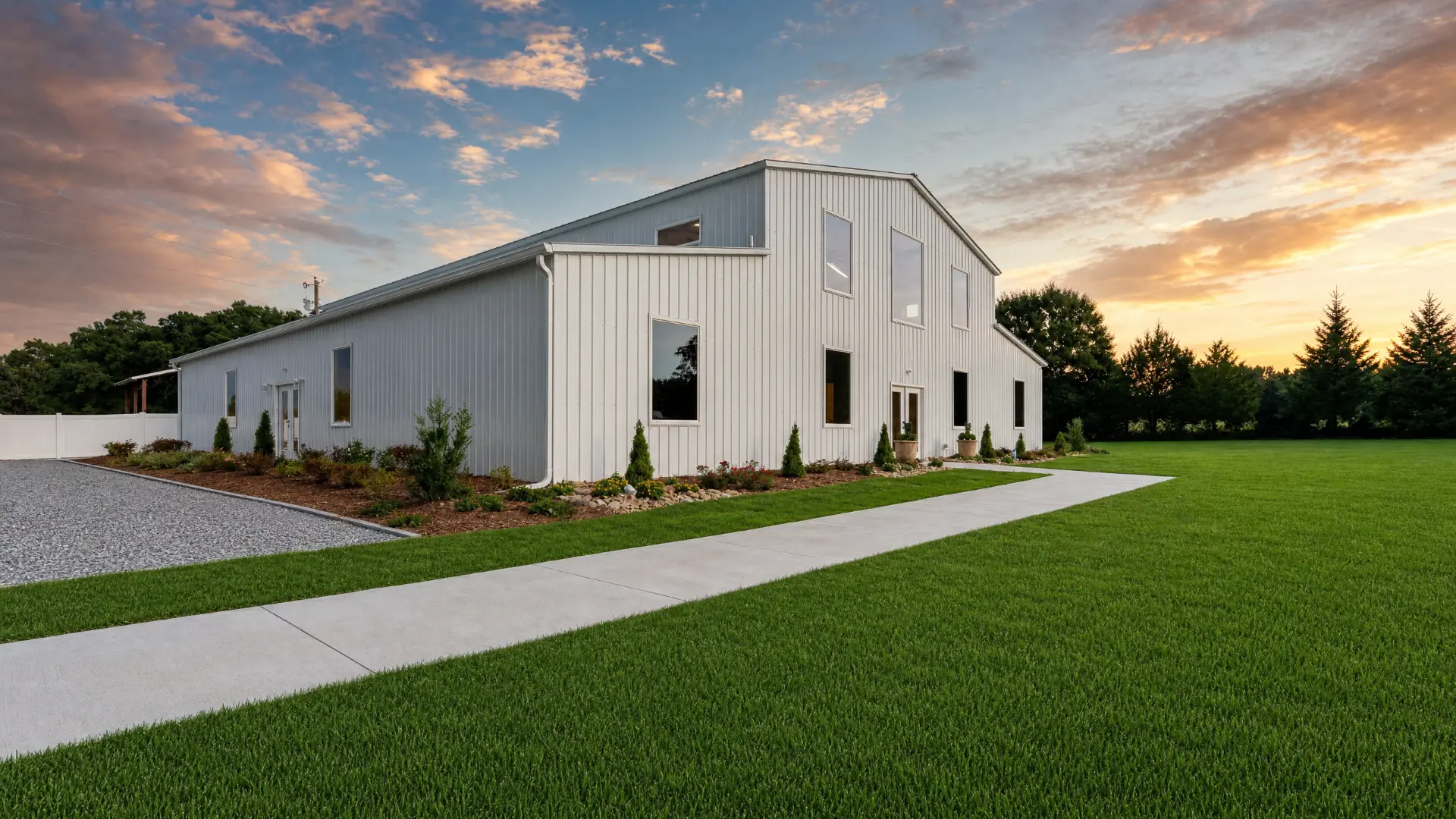 Side view of the barn with landscaped walkway at golden hour