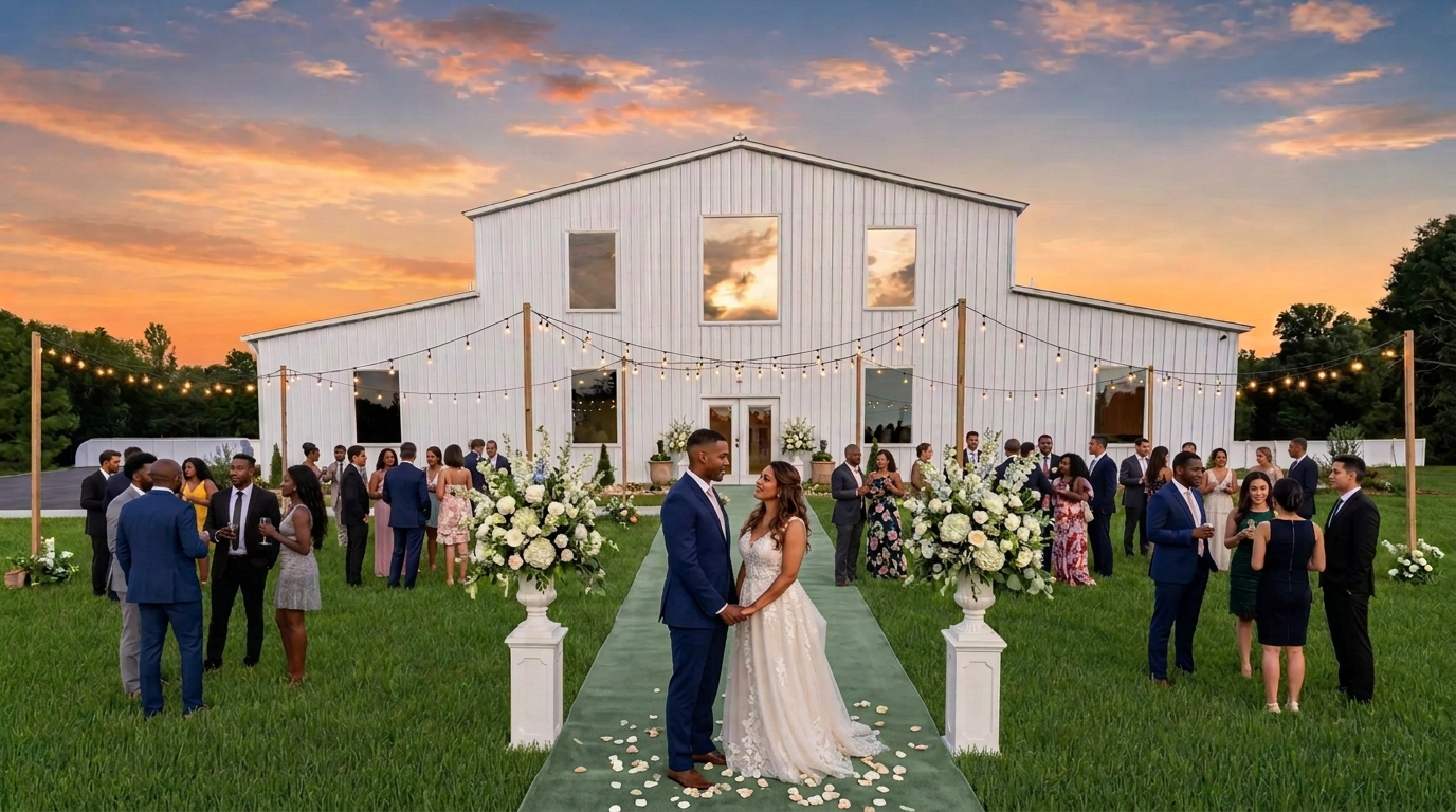 Newlyweds on a green aisle runner on the lawn in front of the white barn at sunset, surrounded by guests