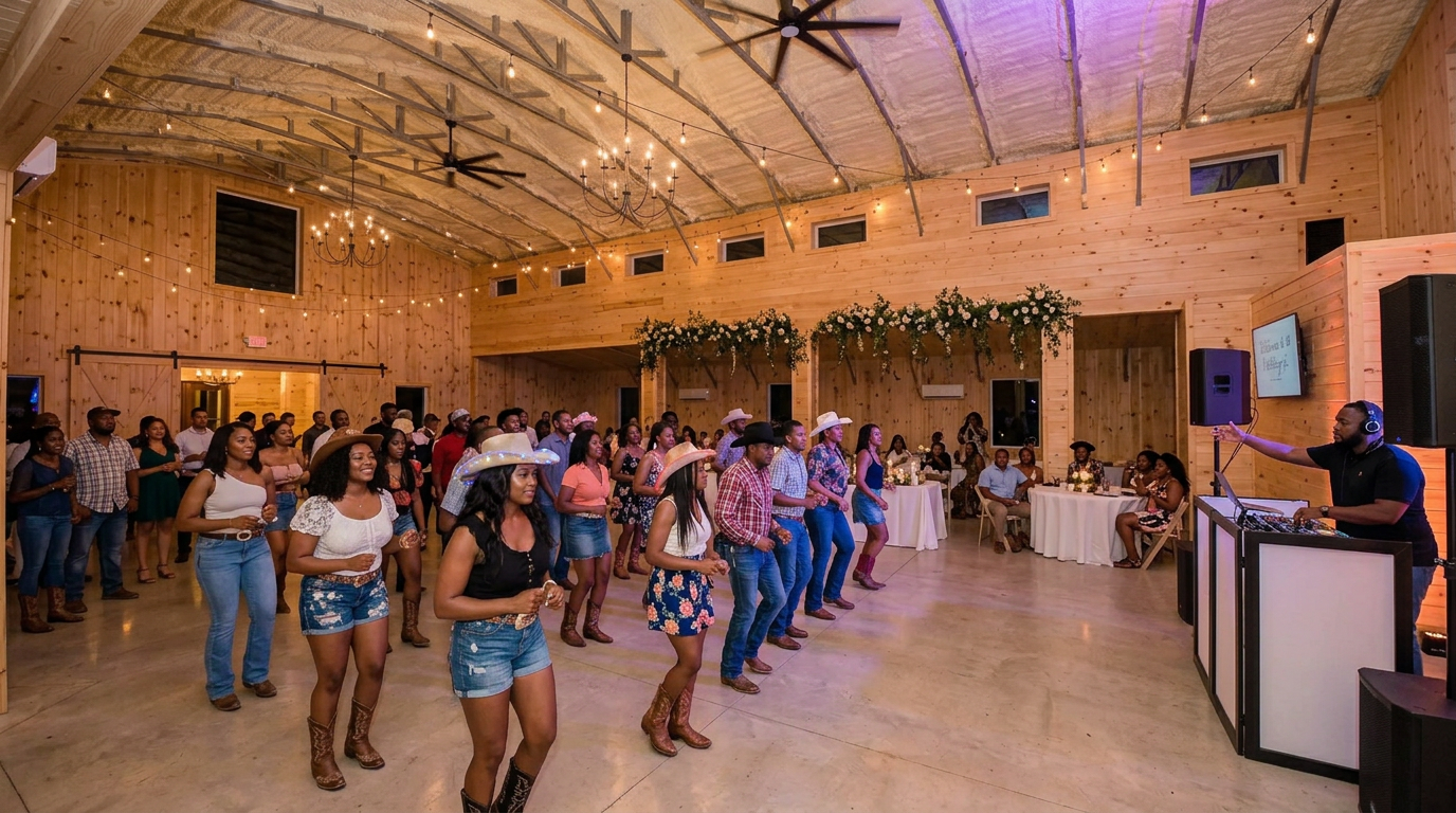 Guests line dancing at a casual party in the event hall with a DJ and string lights