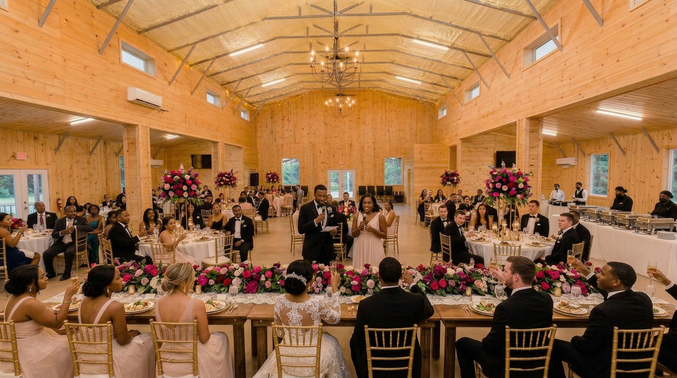 Head table toast with wedding party, seated guests and catering station