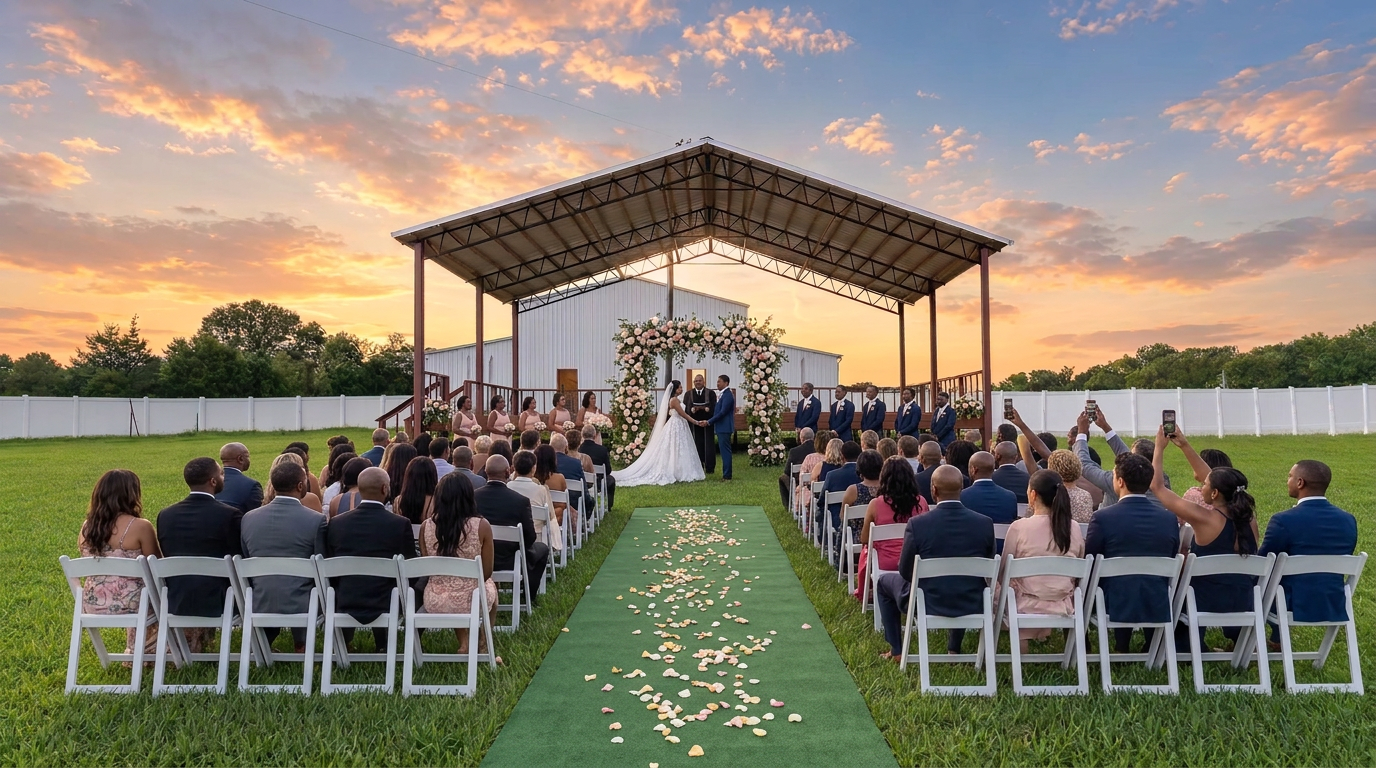 Outdoor ceremony at the pavilion with a green aisle runner leading to a floral altar